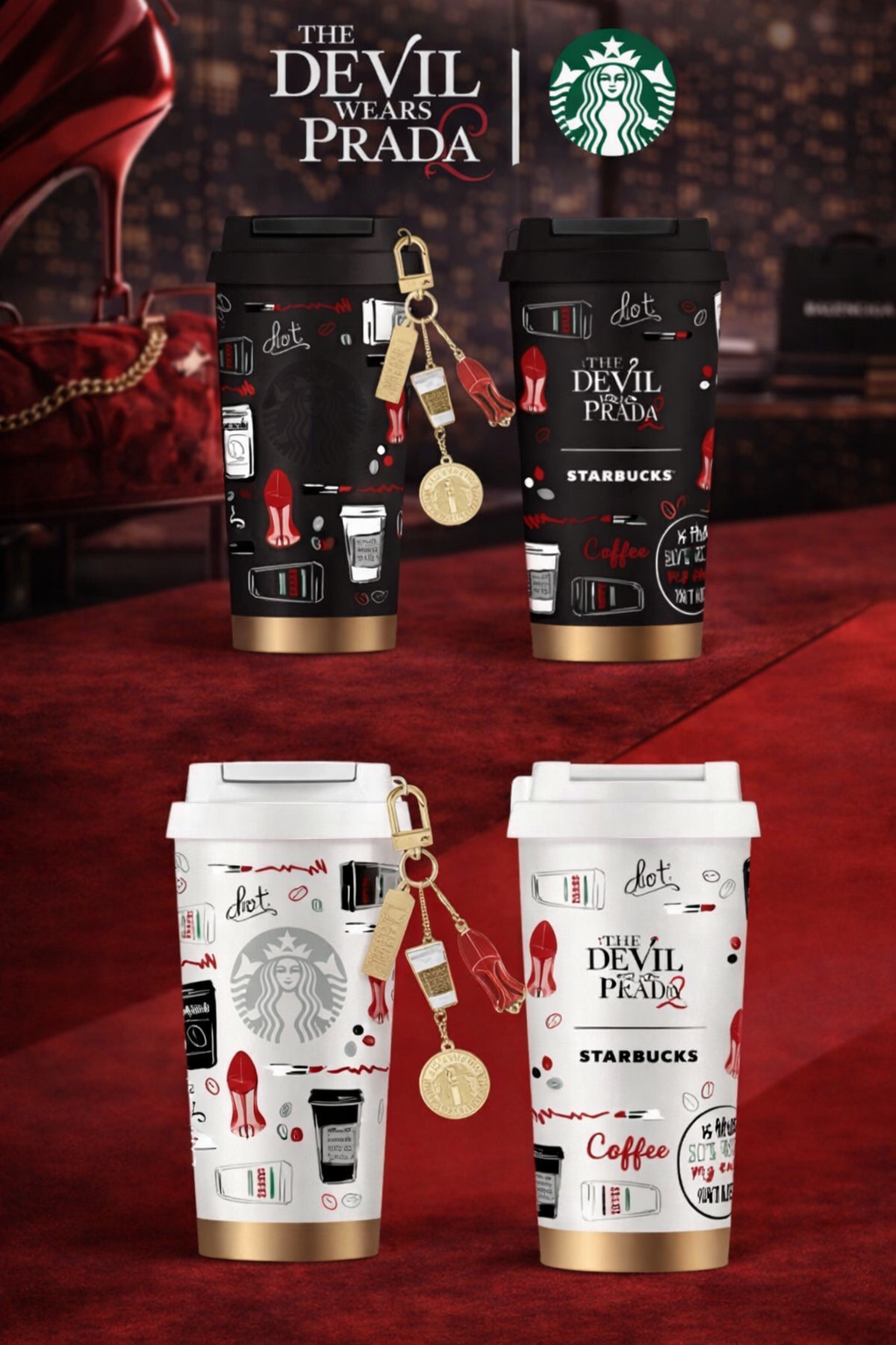 Vaso Térmico Starbucks x The Devil Wears Prada Blanco/Negro con Charm – Acero Inoxidable 500 ml Edición China