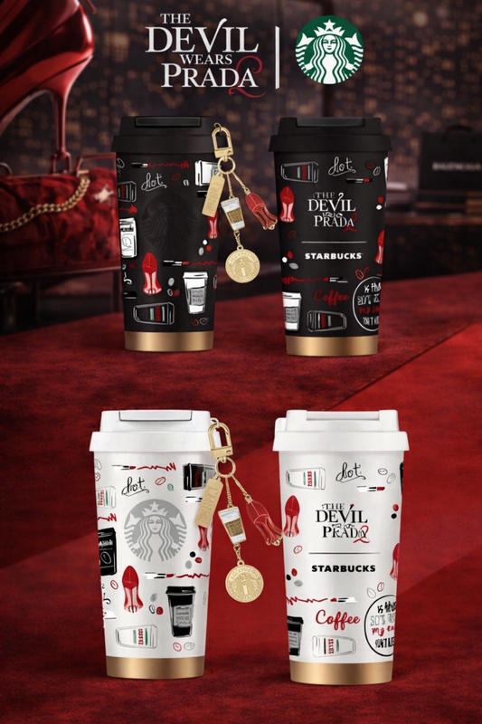 Vaso Térmico Starbucks x The Devil Wears Prada Blanco/Negro con Charm – Acero Inoxidable 500 ml Edición China