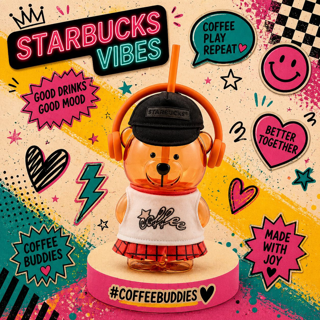 Bearista de vidrio naranja con audífonos Starbucks Shanghai 2026 New Character Series Bearista Glass 16oz