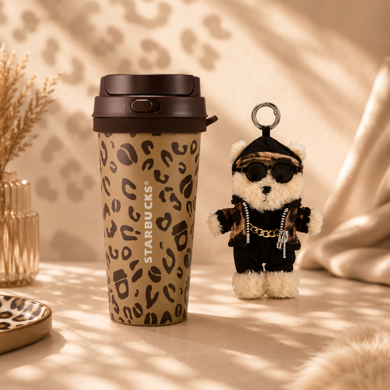 Vaso de acero inoxidable Starbucks Starbucks China 2026 Leopard Print Series 500ml stainless steel tumbler with pendant