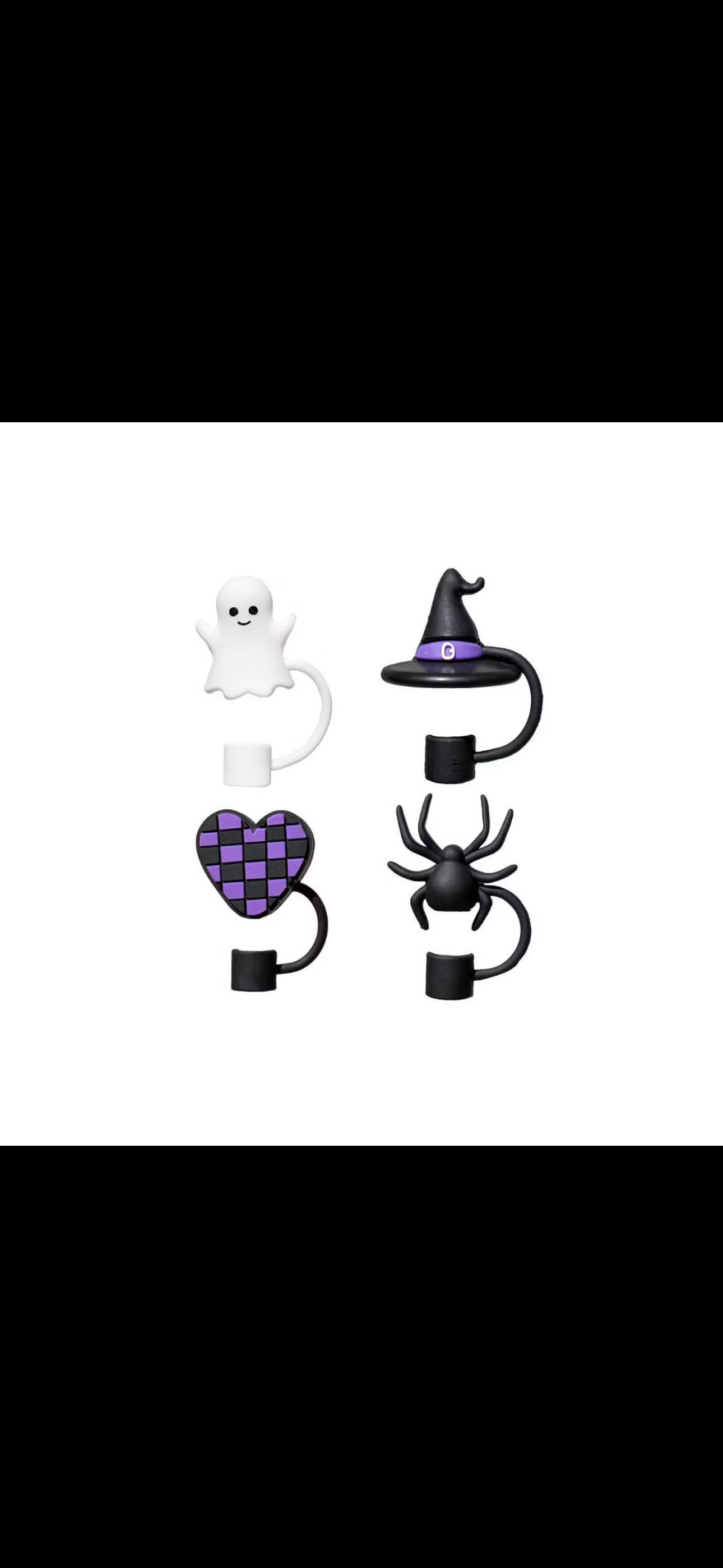 CharCharms 4pk Straw Toppers Halloween Bruja, fantasma, corazón, araña