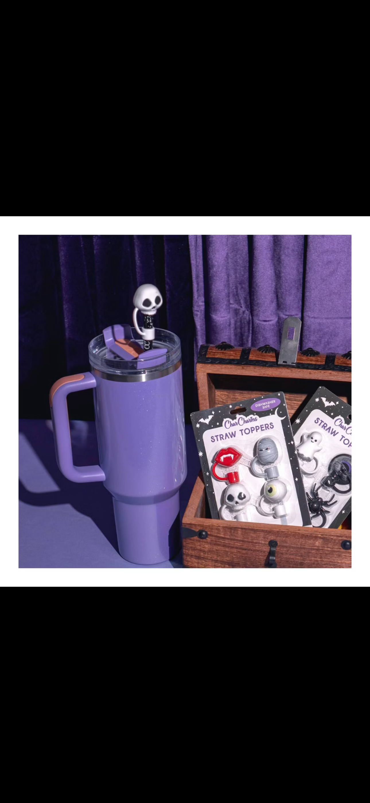 CharCharms 4pk Straw Toppers Halloween colmillos, momia, calaca, ojo