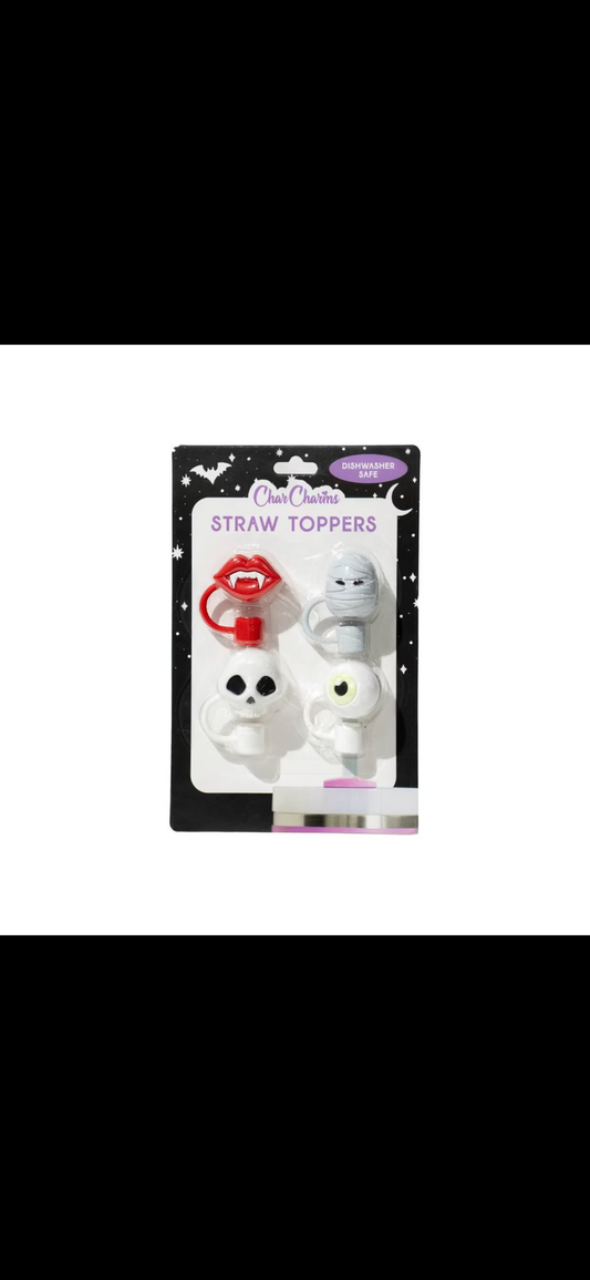 CharCharms 4pk Straw Toppers Halloween colmillos, momia, calaca, ojo