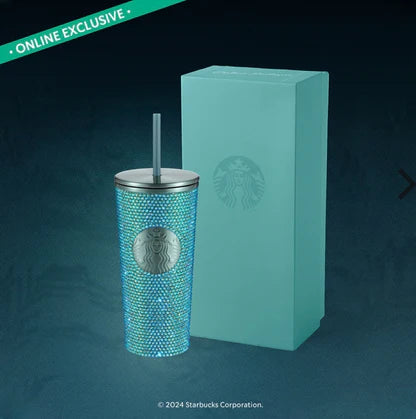 Rhinestone Tailandia Starbucks Stainless Tumbler 16 Oz. Blue Metallic Rhinestone Bling Cold Cup  Lives Tiktok