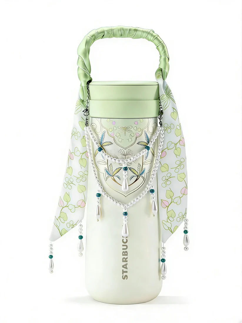 Starbucks China 2026 Spring Blessings Series 430ml stainless steel thermos cup with green ribbon handle