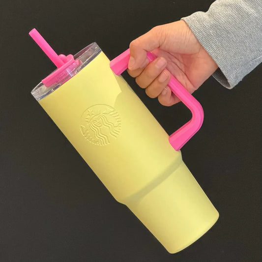 Starbucks China 2025 Trendy Colorblock Yellow Pink Stainless Steel Straw Cup with Handle