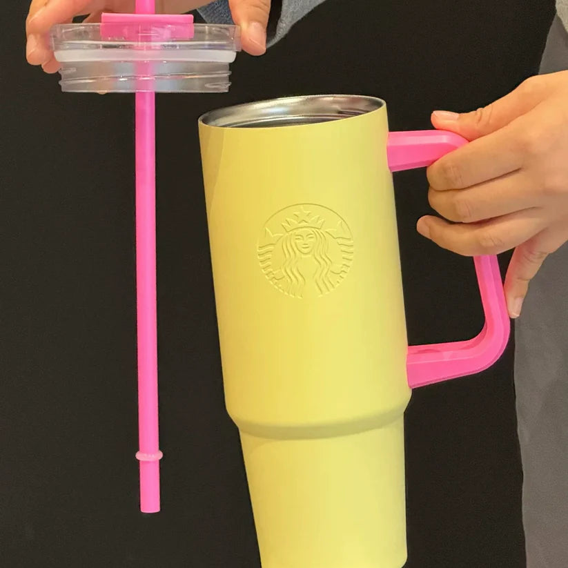 Starbucks China 2025 Trendy Colorblock Yellow Pink Stainless Steel Straw Cup with Handle
