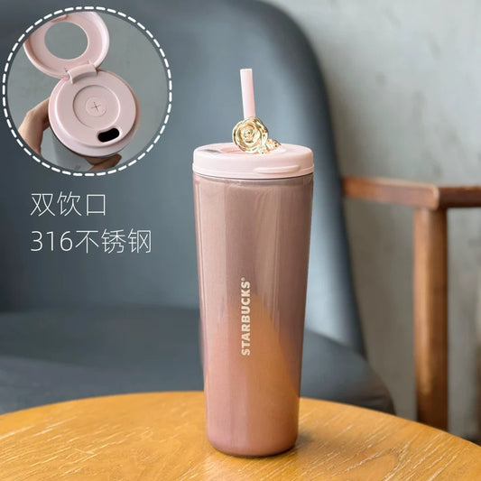 Vaso de Acero inoxidable con brillantina con doble boquilla efecto ojo de gato Starbucks China 2026 Rose Garden series  650ml 22.88oz