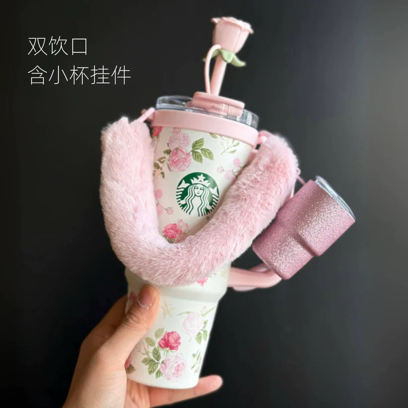 Vaso de Acero Inoxidable con doble boquilla y mini llavero de vaso Starbucks China 2026 Rose Garden series 900ml 31.68oz