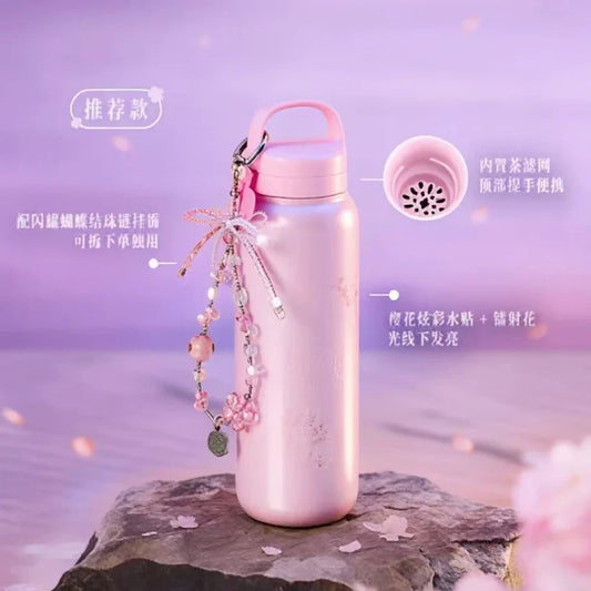 Termo de Acero Inoxidable Starbucks China 2026 Spring Cherry Blossom Collection Handle Tea Strainer Stainless Steel Cup with Beaded Charm 520ml 18.3oz