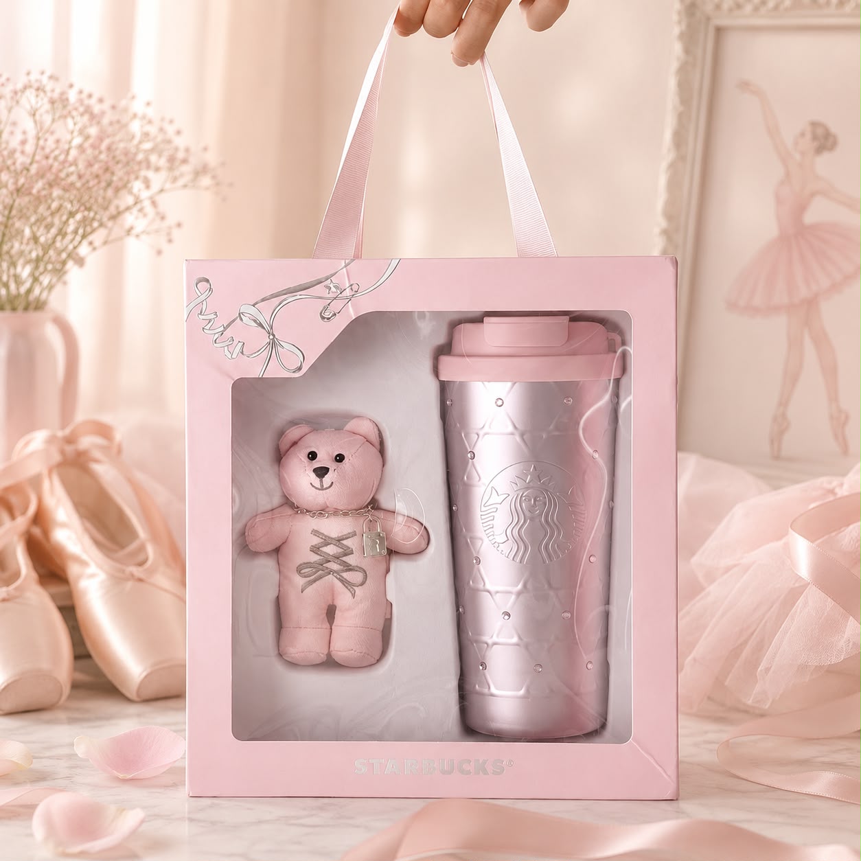 Vaso de Acero Inoxidable rosa con charm de Bearista 550ml 2026  Starbucks China 2026 Ballet Series
