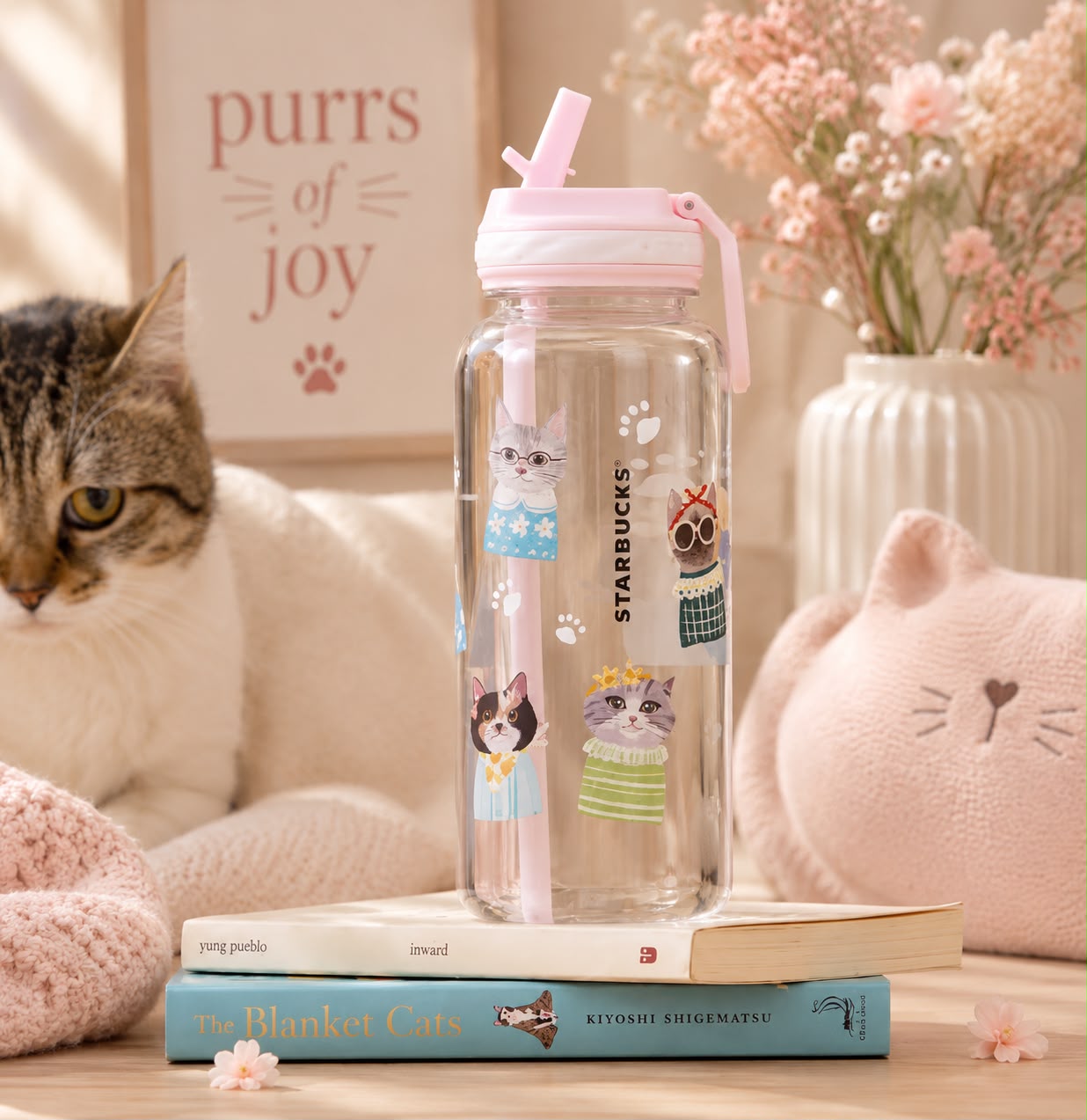 Botella transparente Starbucks Asia 2026 Purrs of Joy Series