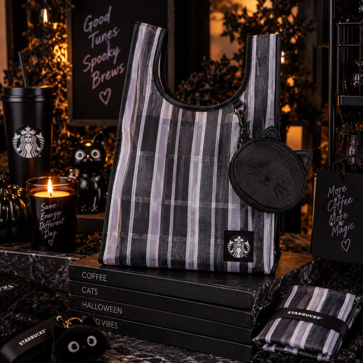 Starbucks Taiwan 2026 Halloween Black Cat Striped Mesh Portable Storage Bag