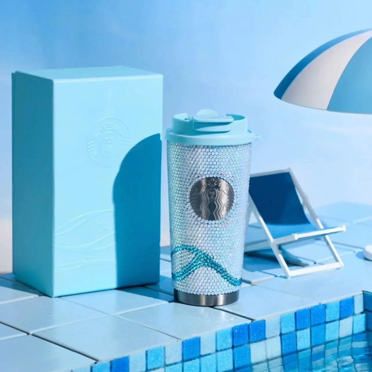 Vaso de Acero Inoxidable con caja de regalo Starbucks 2025 China Happy Summer Blue