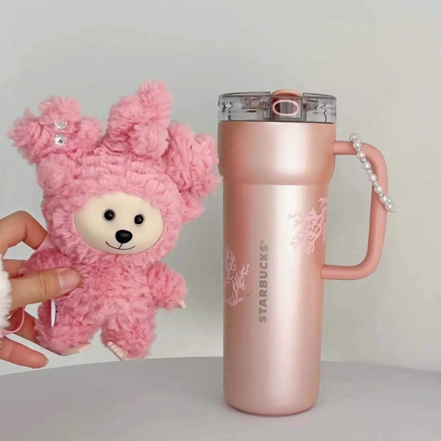 Starbucks 2026 China Star Luck coral Pink 24oz SS Tumbler with Bear toy