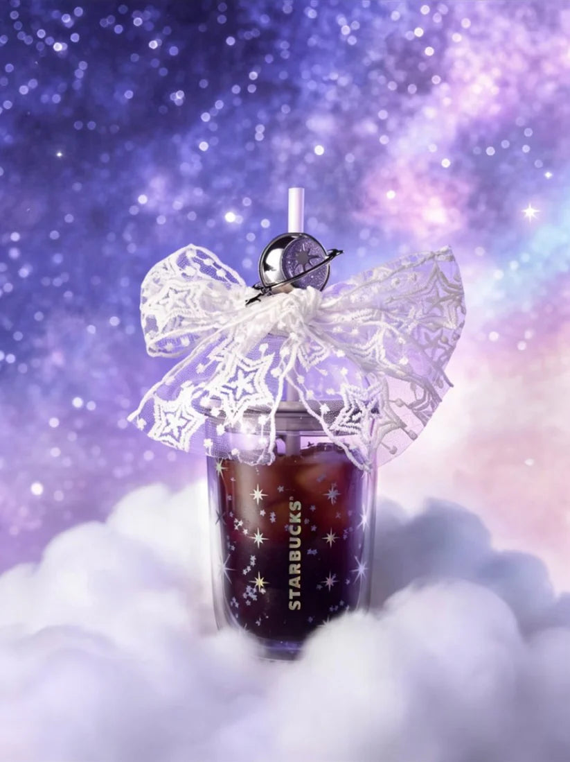 Starbucks China 2026 Purple Night Star River series 400ml lace decorated double-walled glass straw cup