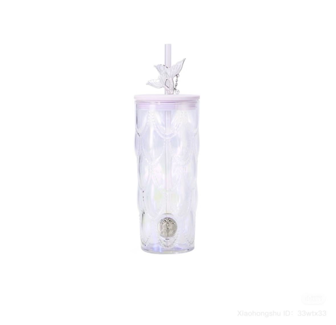 Vaso de vidrio con popote y charm China Colección Purple Mermaid 550 ml