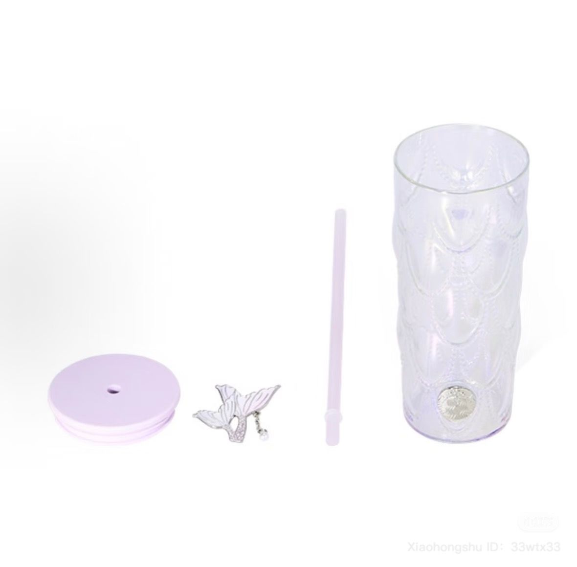 Vaso de vidrio con popote y charm China Colección Purple Mermaid 550 ml