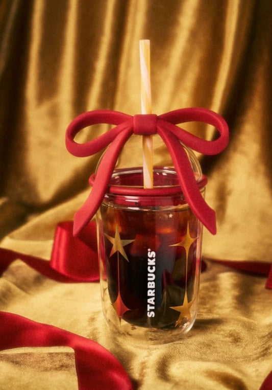 Vaso de vidrio de doble capa con popote y estrellas