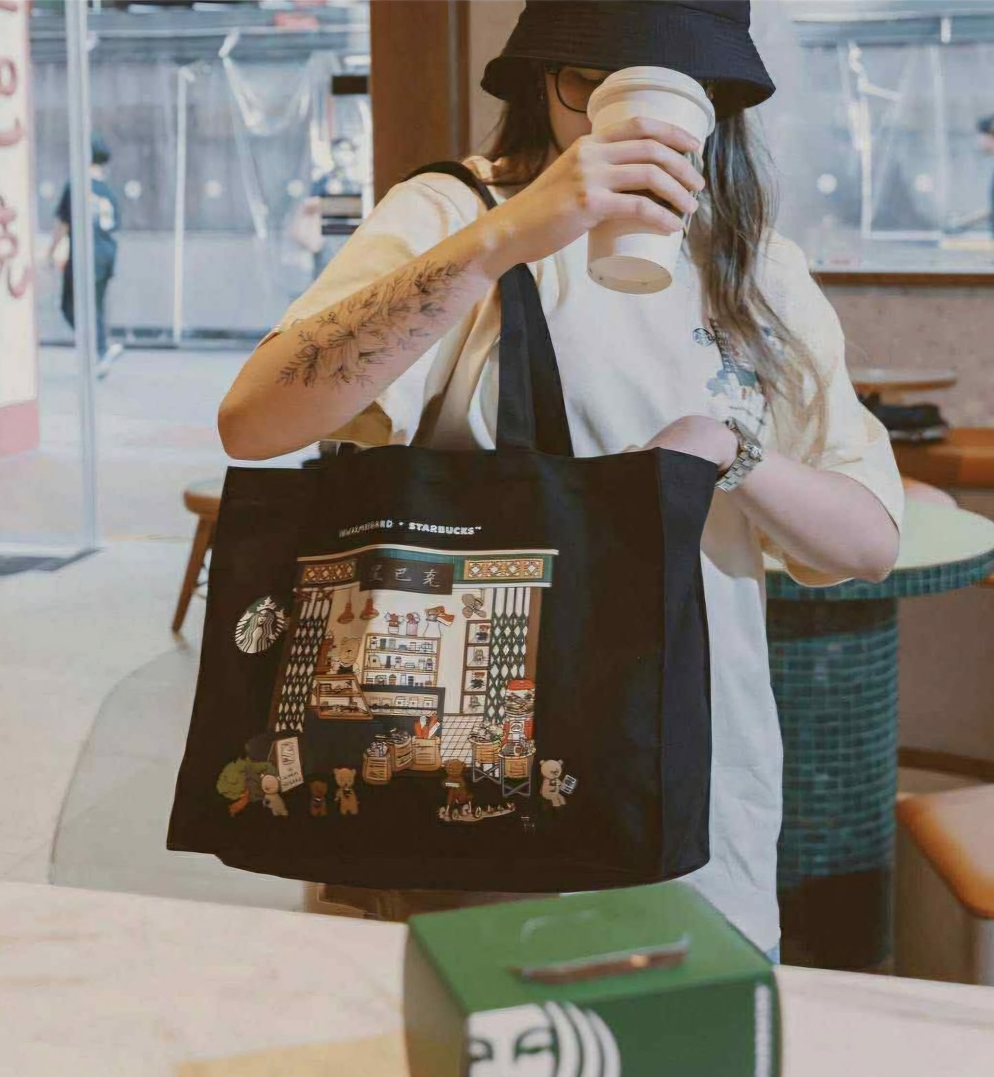 Black canvas Tote bag inwarmregard + Starbucks