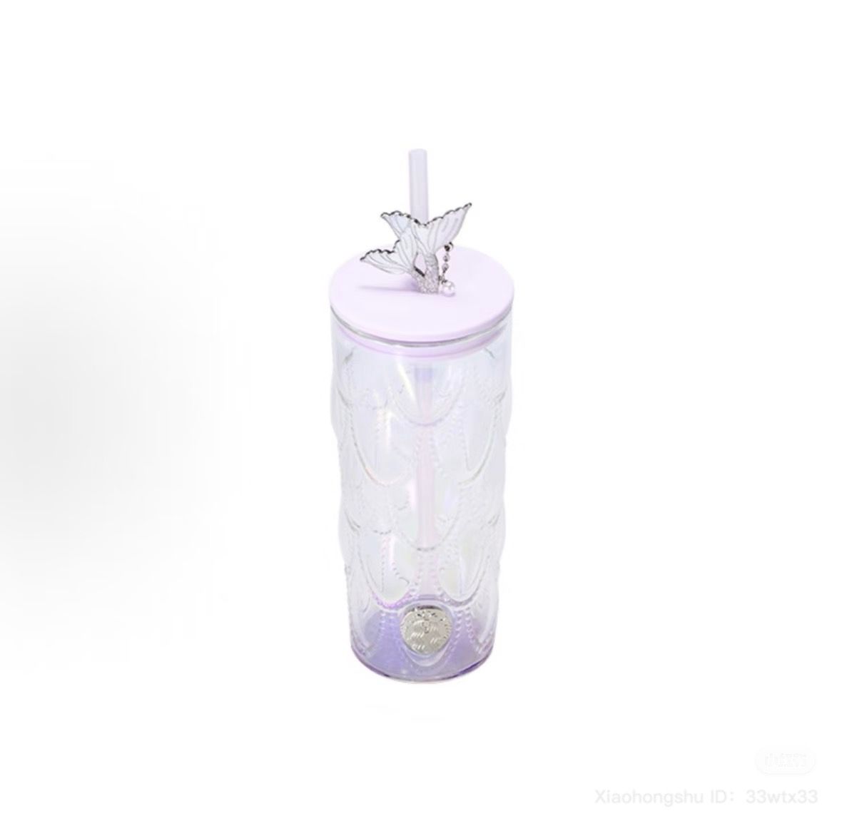 Vaso de vidrio con popote y charm China Colección Purple Mermaid 550 ml