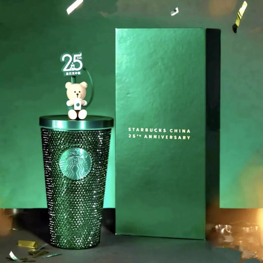 Vaso de Acero Inoxidable con topper de Oso verde New 2024 China Starbucks 25th Anniversary