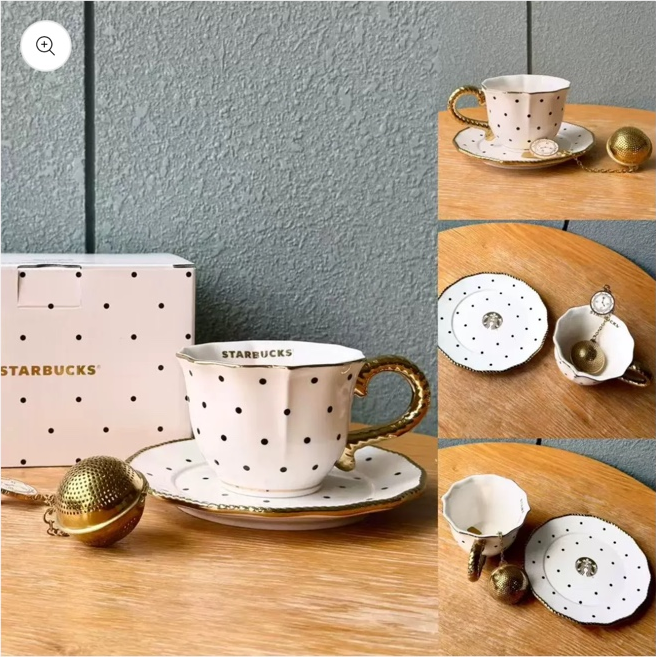 Starbucks China Polka Dot Wonderland 2026 270ml ceramic cup and saucer set with tea infuser