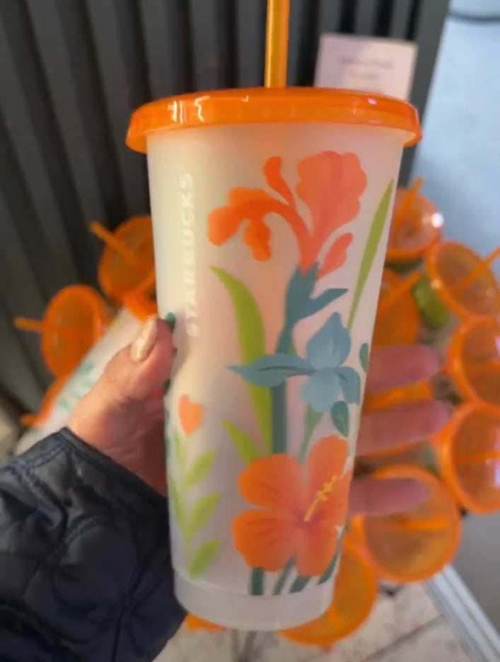 Starbucks floral orange tumbler with straw