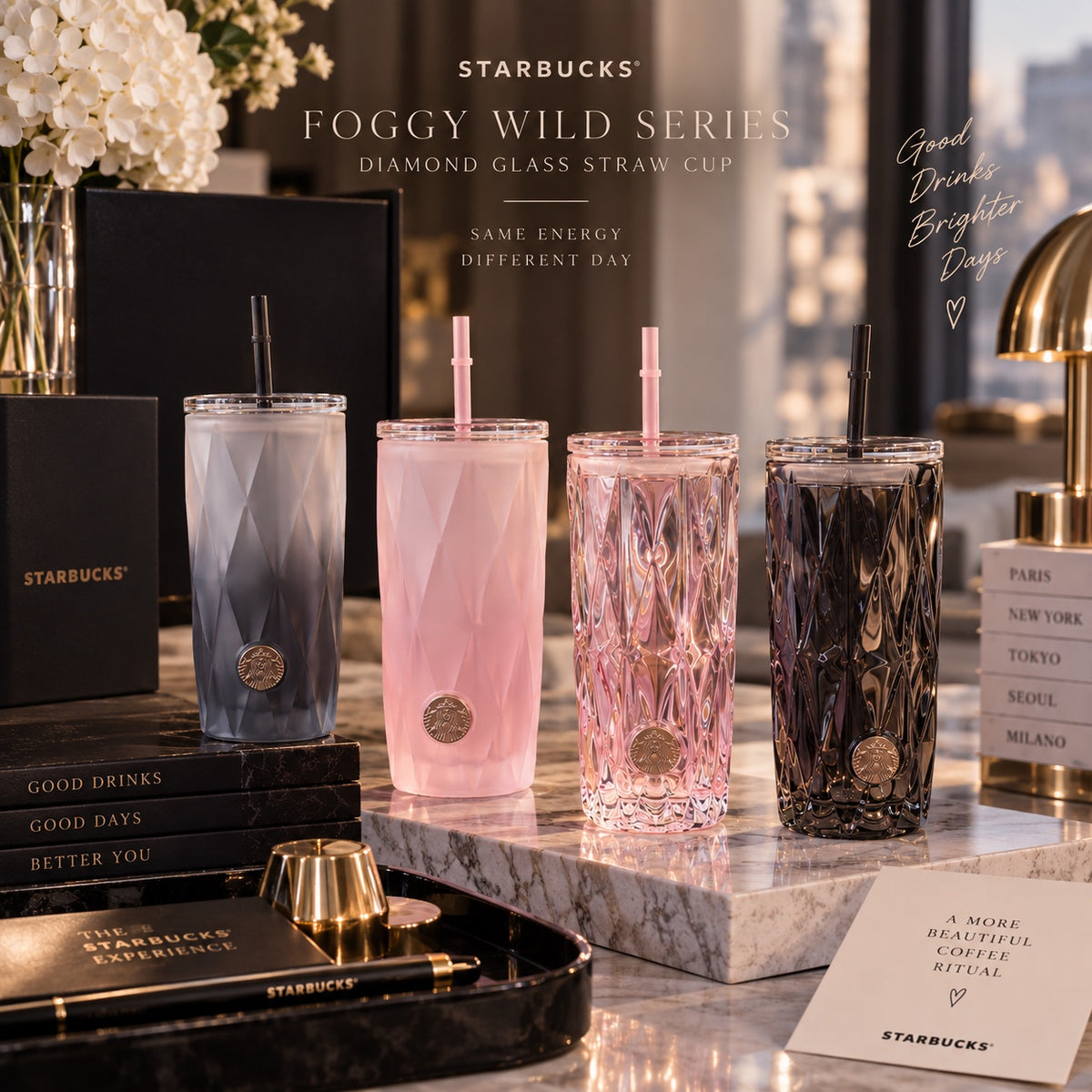 Starbucks Foggy Wild Series Diamond Glass Straw Cup Transparent Pink 530 ml