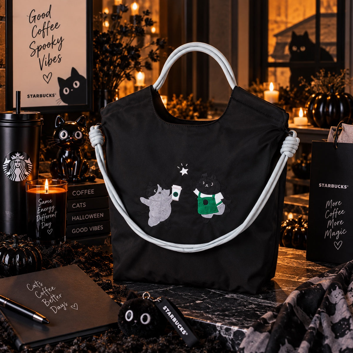 Starbucks Taiwan 2026 Halloween Black Cat Embroidered Nylon Shoulder Tote Bag