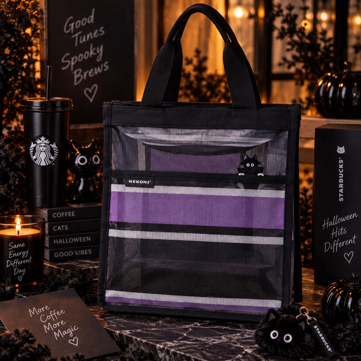 Starbucks Taiwan 2026 Halloween Black Cat Striped Mesh Tote Bag