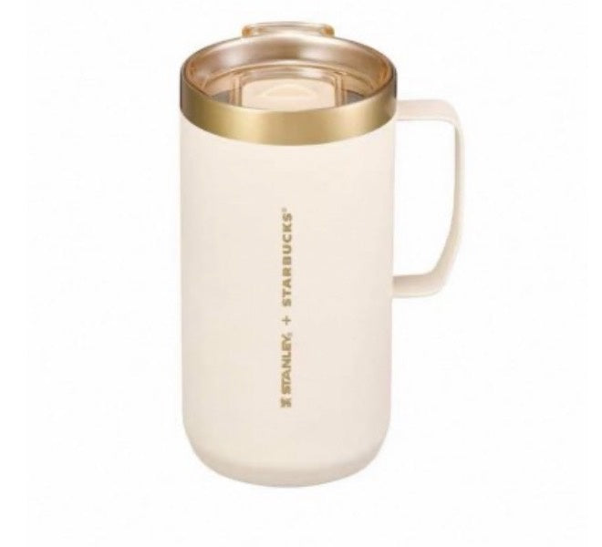Vaso Stanley Starbucks Korea Christmas de 24 oz con asa y detalles dorados.